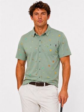 NWOT William Murray Golf Happy Glamper Green Button Down Shirt Lg. Retired Print